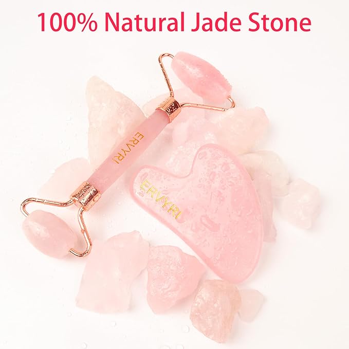 Jade Roller and Gua Sha Set - Rose Quartz Face Roller Skin Care Gua Sha Facial Tools , Face Massager for Women, Relieve Stress, Remove Wrinkles Eye Puffiness-Pink