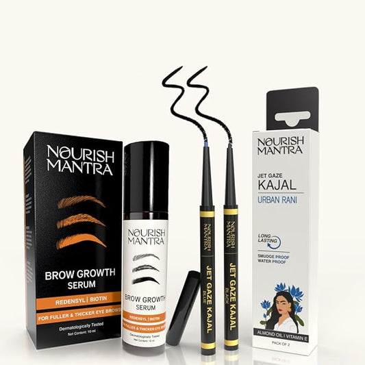 Nourish Mantra Eyebrow Growth Serum 10 ml & Jet Gaze Kajal Urban Rani - Combo - Black & Black