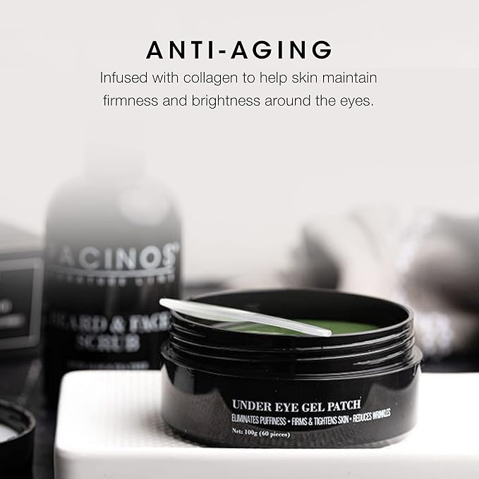 Pacinos Under Eye Gel Patches - Eliminates Puffiness, Smoothes Wrinkles, Brightens Under Eye Darkness, Firms & Tightens Skin with Vitamin E & B5, Promotes Collagen, Organic, 60 pcs