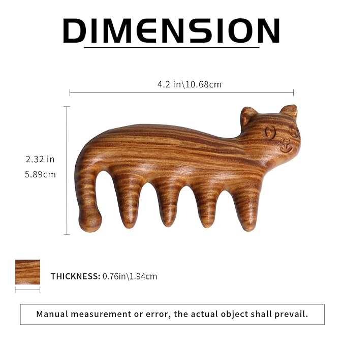 Natural Wood Wide Tooth Hair Comb Head Scalp Massage No Static Green Sandalwood Hair Pick Wooden Comb for Women Men Kids Hair Neck Hands Legs Caring Tool (Cute Cat)