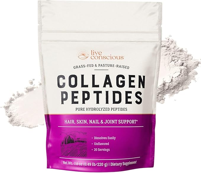 Live Conscious Collagen Peptides Powder - Naturally-Sourced Hydrolyzed Collagen Powder - Hair, Skin, Nail, and Joint Support - Type I & III Grass-Fed Collagen Supplements for Women and Men - 16oz