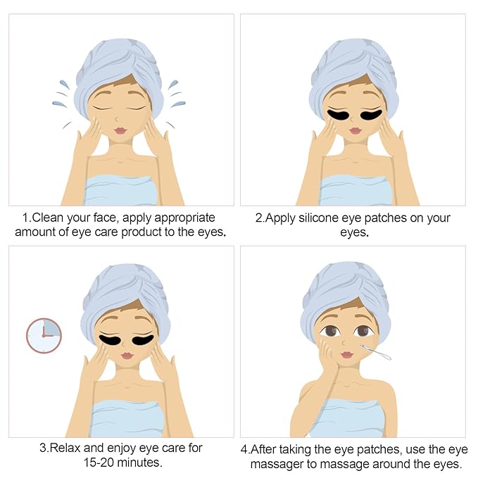 Reusable Eye Patch, Silicone Reusable Eye Gel Pads Eye Wrinkle Patches Under Eye Mask, Plump Fine Lines & Wrinkles with Metal Eye Cream Applicator & Tin Case (Black)