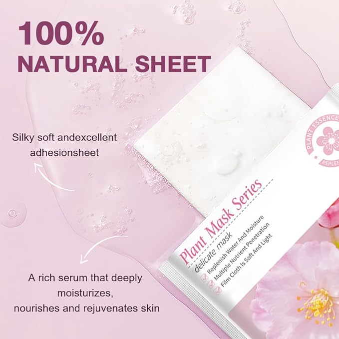 8 Pack Cherry Blossom Face Sheet Mask Skincare,Hydrating Face Mask For Sensitive Skin,Moisturize,Soothing,Nourish for All Skin Types,Natural Spa Party Facial Mask Skincare Set for Women Men Girls