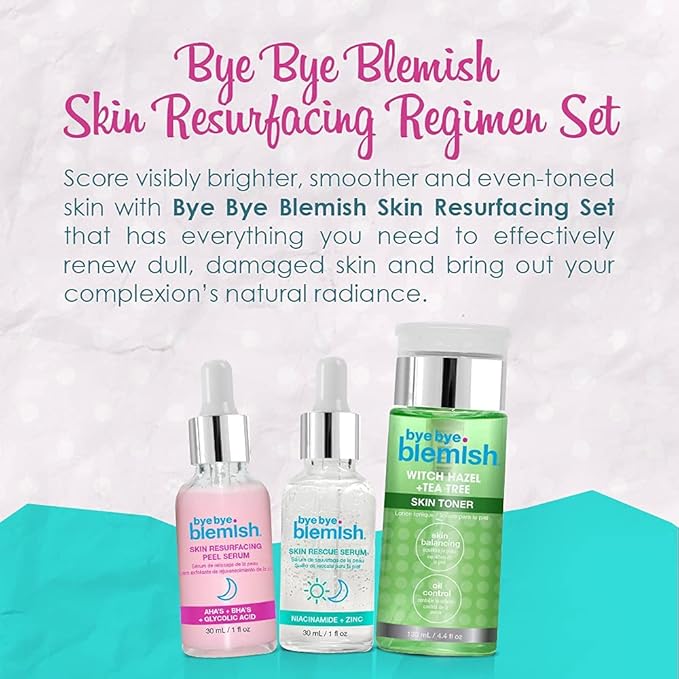 Bye Bye Blemish Skin Resurfacing Regimen Set, with Witch Hazel & Tea Tree Skin Toner, Skin Resurfacing Peel Serum, and Skin Rescue Serum with Niacinamide and Zinc, Cruelty-Free, Bundle Pack