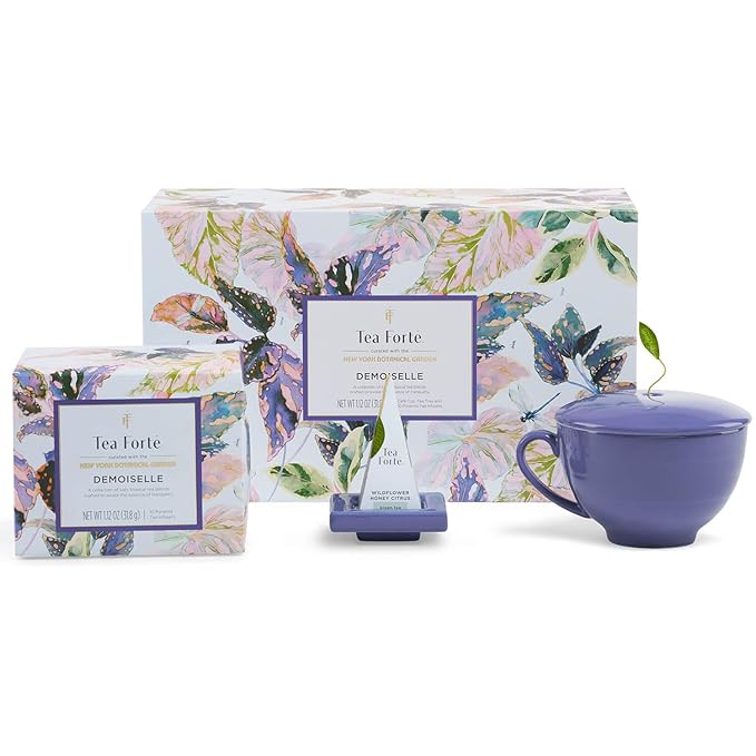 Tea Forte Demoiselle 3-Piece Premium Tea Gift Set with Indigo Cafe Cup and Lid, Tea Tray and 10 Count Mini Presentation Box, 2 of Each Blend Handcrafted Pyramid Infuser Tea Bags