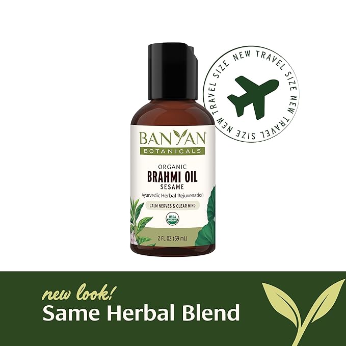 Banyan Botanicals Brahmi Oil with Sesame Base – Organic Ayurvedic Massage Oil with Gotu Kola and Bacopa ­­– Calming Massage Oil for Focus & Relaxation – 2 oz – Non GMO Sustainably Sourced Abhyanga Oil