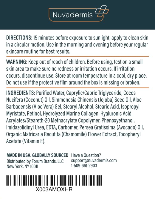 NUVADERMIS Collagen & Retinol Face Moisturizer - Anti Aging & Anti Wrinkle - Sensitive Skin Safe Daily Hydrating Skin Care for Women & Men - 1.7 Oz Collagen Moisturizer for Face