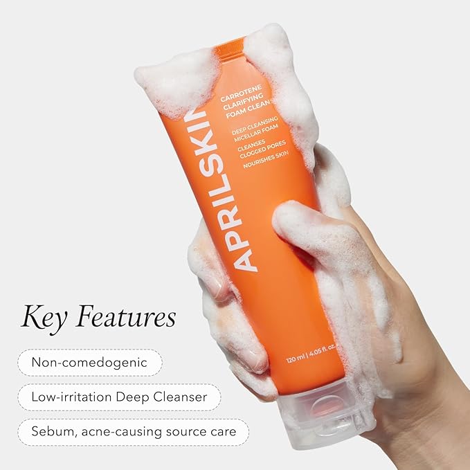 Aprilskin Carrotene Clarifying Foam Cleanser - Deep Cleansing with BHAs & Sebum Control for Oily, Sensitive, Acne-Prone Skin - 120ml - Vegan, Cruelty Free