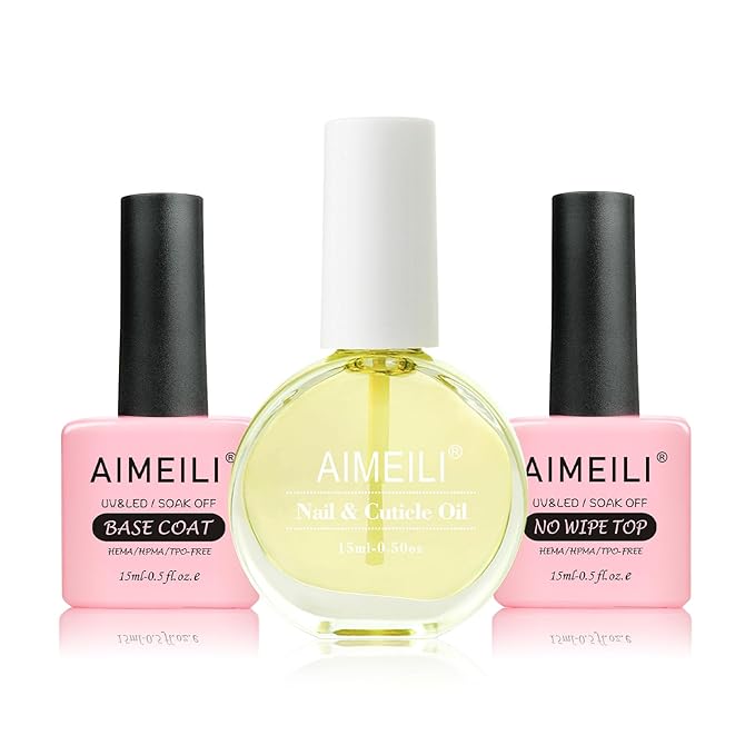 AIMEILI Hema Free No Wipe Top Coat Base Coat & Cuticle Oil Set, Glossy Shine Gel Top Coat Long Lasting DIY Home Gel Nail Lamp Required, Cuticle Oil Care for Nails