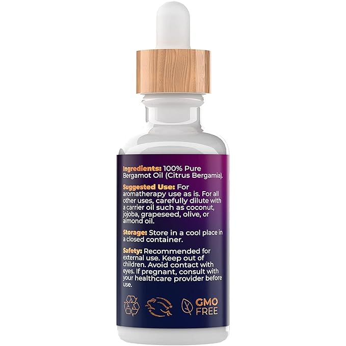 Premium Organic Bergamot Essential Oil (1 OZ) — Undiluted Organic Bergamot Oil for Diffuser Aromatherapy and Hair & Skin Care