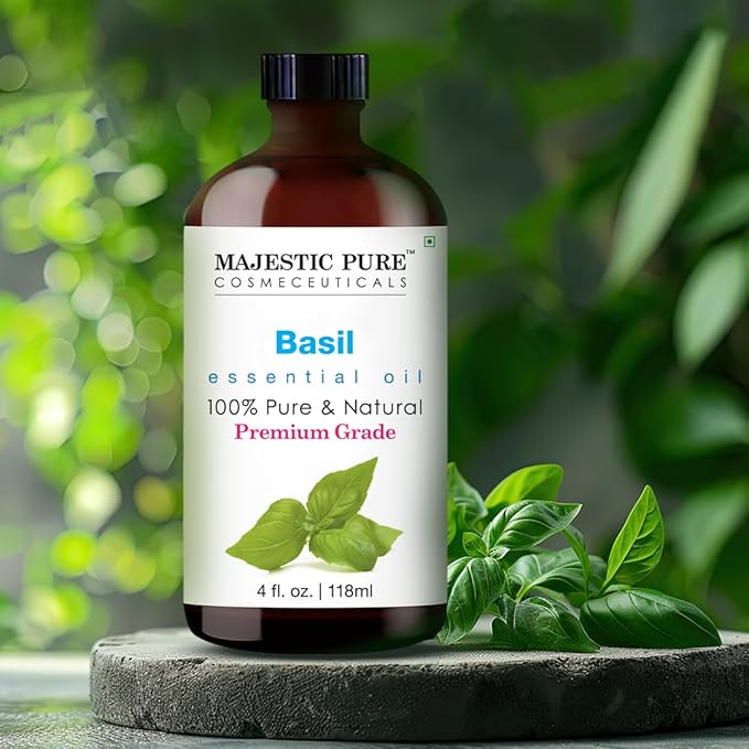 MAJESTIC PURE Basil Essential Oil | 100% Pure and Natural Basil Oil | Premium Grade Essential Oils for Hair Care, Home Diffusers, Skin, Aromatherapy, Massage and Humidifiers | 4 Fl Oz