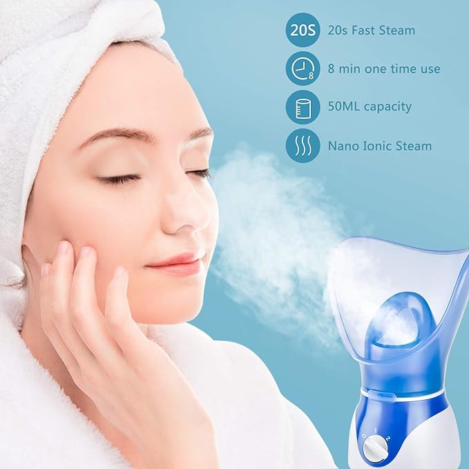 Face Steamer for Facial Deep Cleaning, Facial Steamer for Face, 2 Modes Facial Steamer for Unclogs Pores, Hydrating, Blue(Include Blackhead Remover Kit, Mask Brush, Headband)