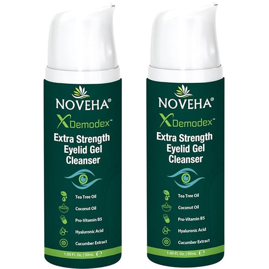 NOVEHA Demodex Extra Strength Eyelid Gel Cleanser - for Demodex, MGD and Dry Eye with Pro-Vitamin B5, Tea Tree Oil, and Hyaluronic Acid - Gentle Cleansing, Soothes Itchy Eyelid - 50mL (2 Pack)