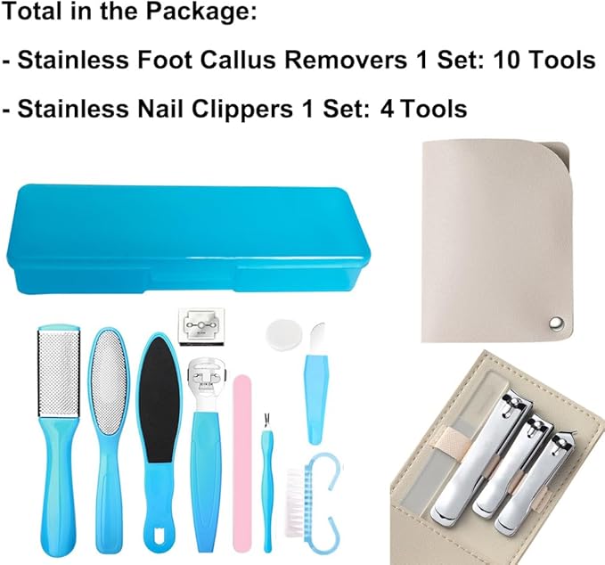 Stainless Callus Removers Set Foot File Pedicure Tools Kit for Feet Nail Clippers Set Fingernail Clipper Toenail Clipper Nail Care Tool with Travel Case for Men Women