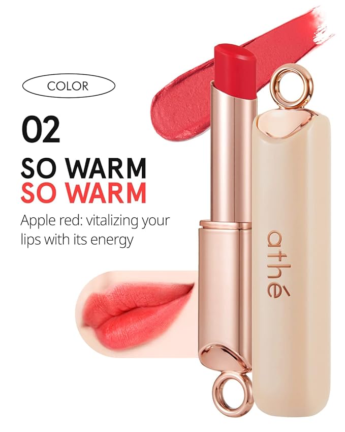 ATHÉ Authentic Airy Lip Balm 02 SO WARM, Korean Vegan Color Lip Blam, Flake-Free Slim Fit Lips, Silky Powdery Finish & Air-like Blurring with Vibrant Colors, 0.11oz.