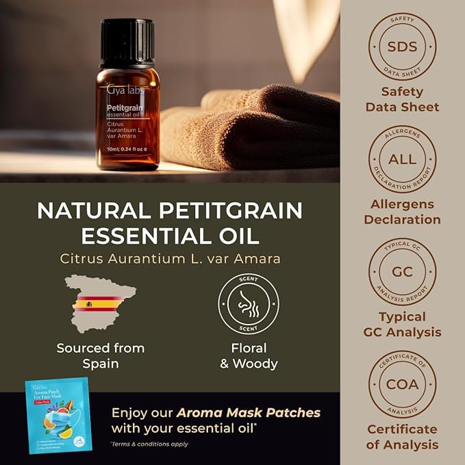 Gya Labs Petitgrain Essential Oil for Skin - 0.34 Fl Oz - 100% Pure Natural Petitgrain Oil for Diffuser, Hair, Aromatherapy, Massage & Candle Making - Woodsy & Floral Scent