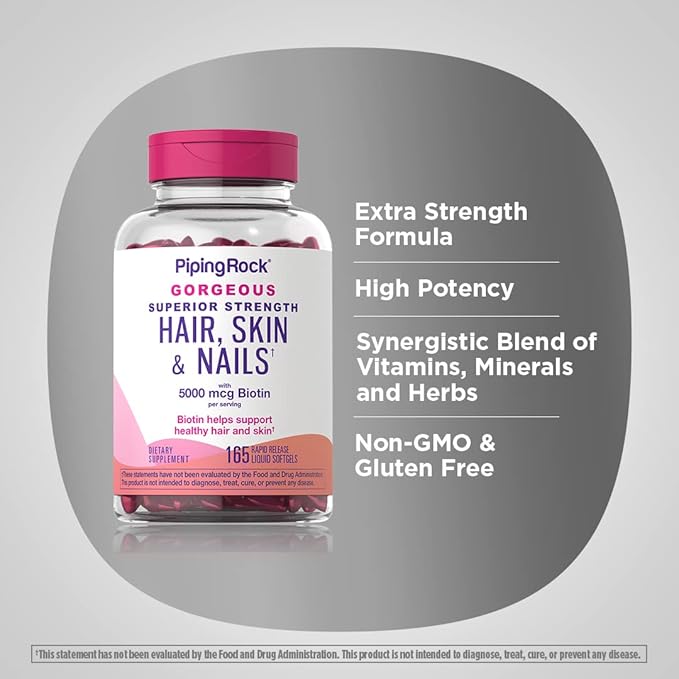 Piping Rock Hair Skin and Nails Vitamins | 165 Softgels | 5000 mcg of Biotin Extra Strength | with Argan and Coconut Oil | Non-GMO, Gluten Free Supplement