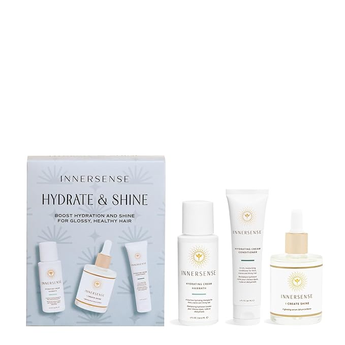 INNERSENSE Organic Beauty - Hydrate & Shine Set | I Create Shine, Hydrating Cream Hairbath, Hydrating Cream Conditioner | Non-Toxic, Cruelty-Free, Clean Haircare (3 piece set)