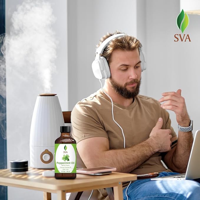 SVA Peppermint Piperita Essential Oil – 4 Fl Oz – 100% Natural Piperita Oil - for Diffuser, Hair Care, Face, Skin Care, Aromatherapy, Scalp and Body Massage, Soap and Candle Making - with Dropper