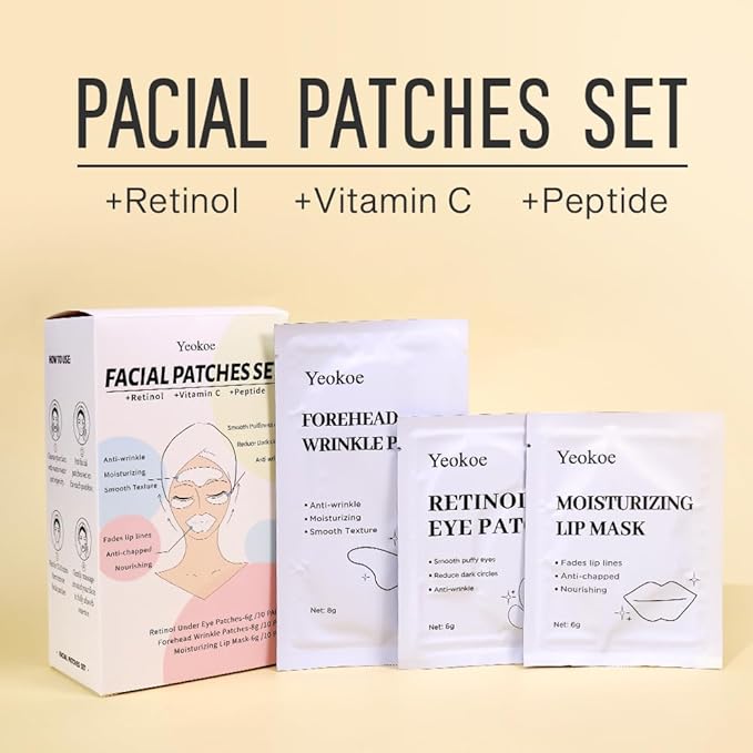 Forehead Wrinkle Patches,Under Eye Patches and Lip Mask 30 PCS. Face Masks Skincare With Retinol Serum For Anti-aging Puffy Eyes and Dark Circles