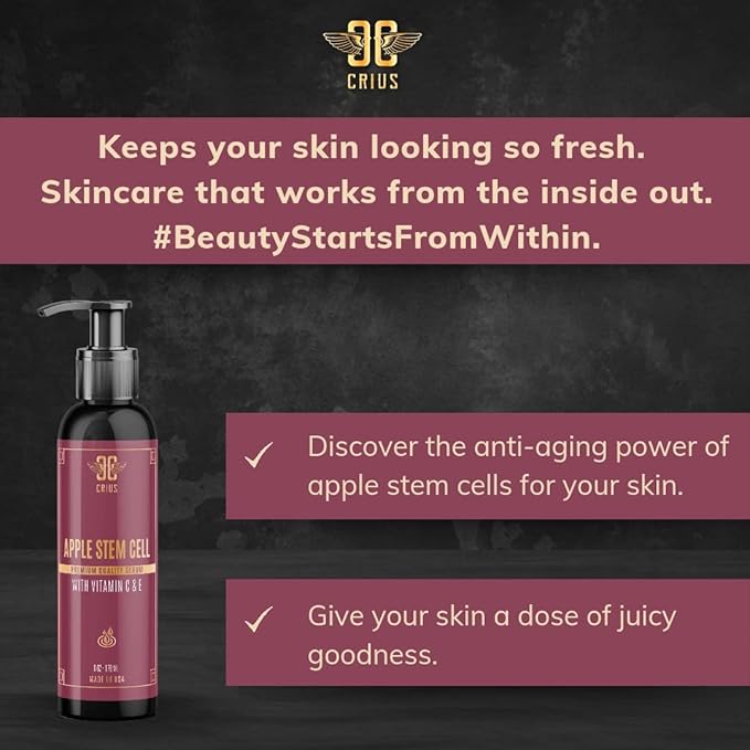 Apple Stem Cell Face Serum with Hyaluronic Acid and Vitamin C, Skin Rejuvenation and Rehydration, 6 Oz.