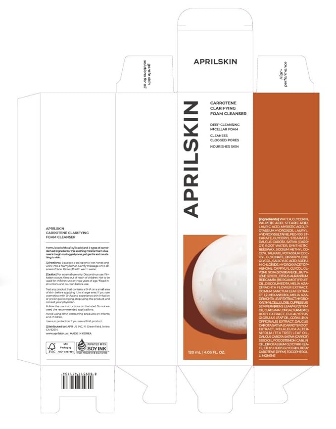 Aprilskin Carrotene Clarifying Foam Cleanser - Deep Cleansing with BHAs & Sebum Control for Oily, Sensitive, Acne-Prone Skin - 120ml - Vegan, Cruelty Free