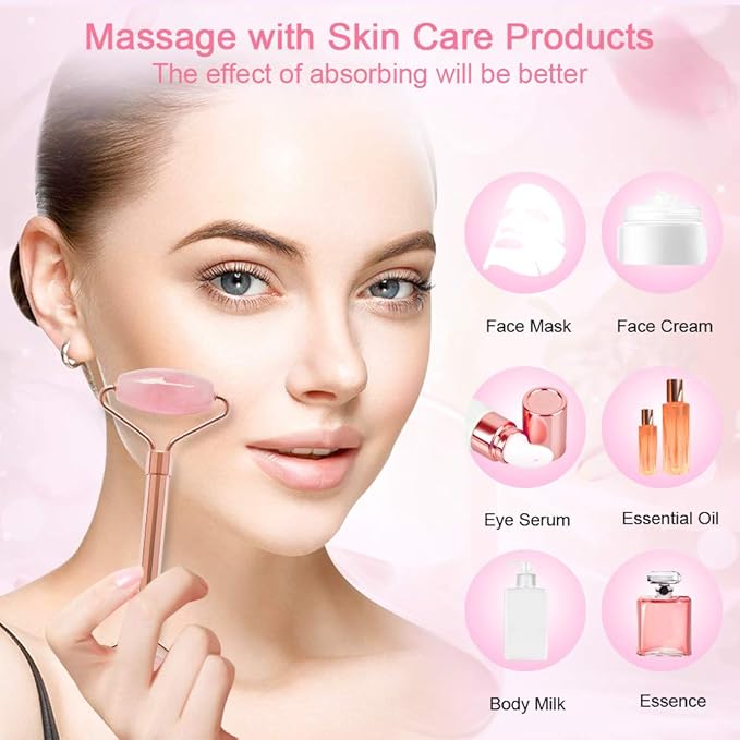 2 Pack Jade Facial Roller & Rose Quartz Face Roller for Wrinkles and Puffiness, Natural Jade Stone Face Massager Roller