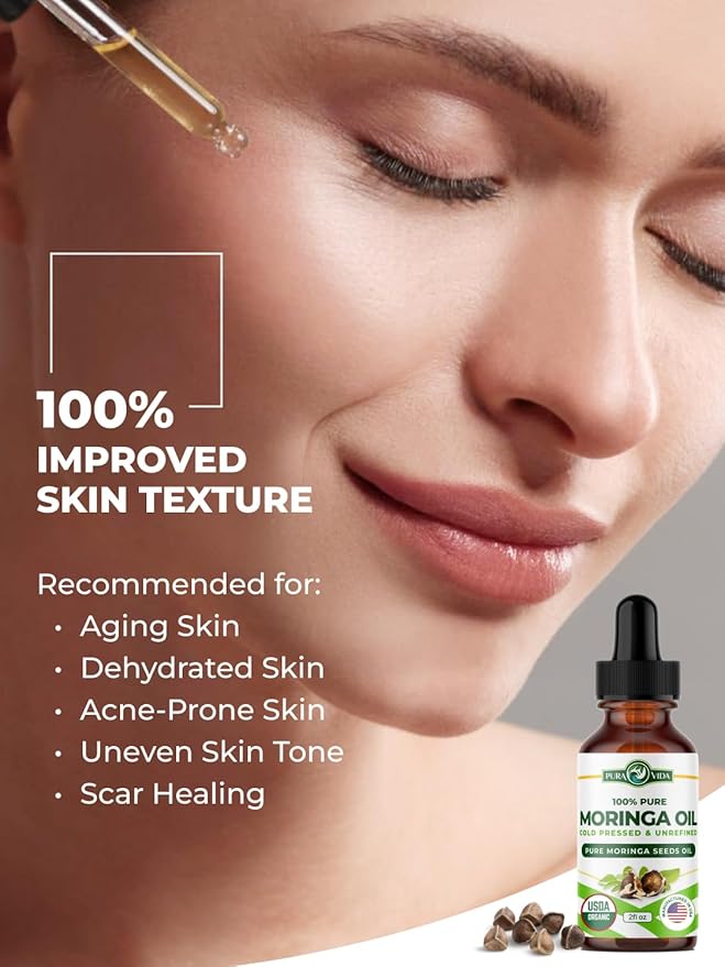 USDA Organic Moringa Seed Oil: 100% Pure, Cold Pressed, Unrefined Moringa Oleifera Seed Oil. 2 oz Bottle with Treatment Pump. For Skin and Hair - Food Grade for Oral Consumption