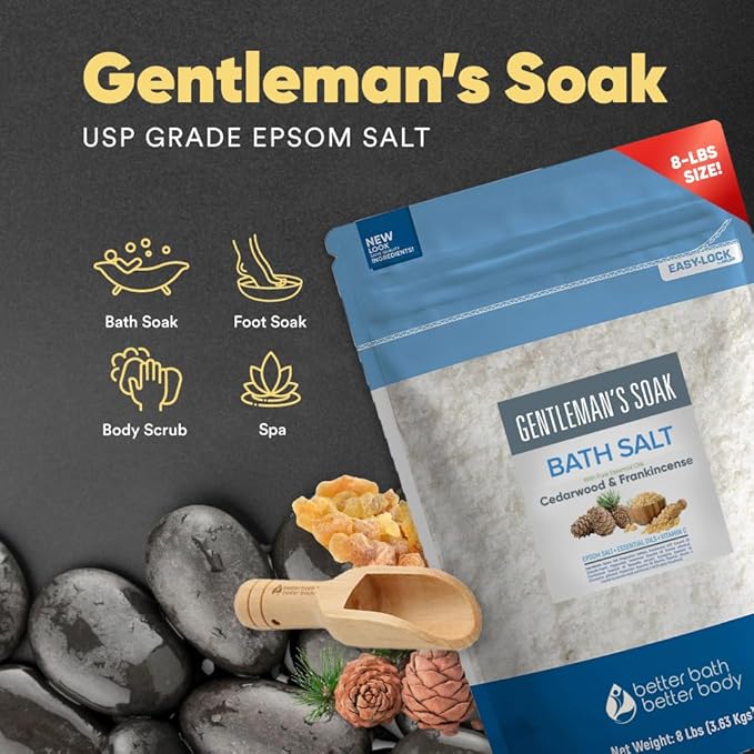 Gentleman's Bath Salt 128 Ounces Epsom Salt with Natural Cedarwood, Frankincense, Eucalyptus and Peppermint Essential Oils Plus Vitamin C in BPA Free Pouch with Easy Press-Lock Seal