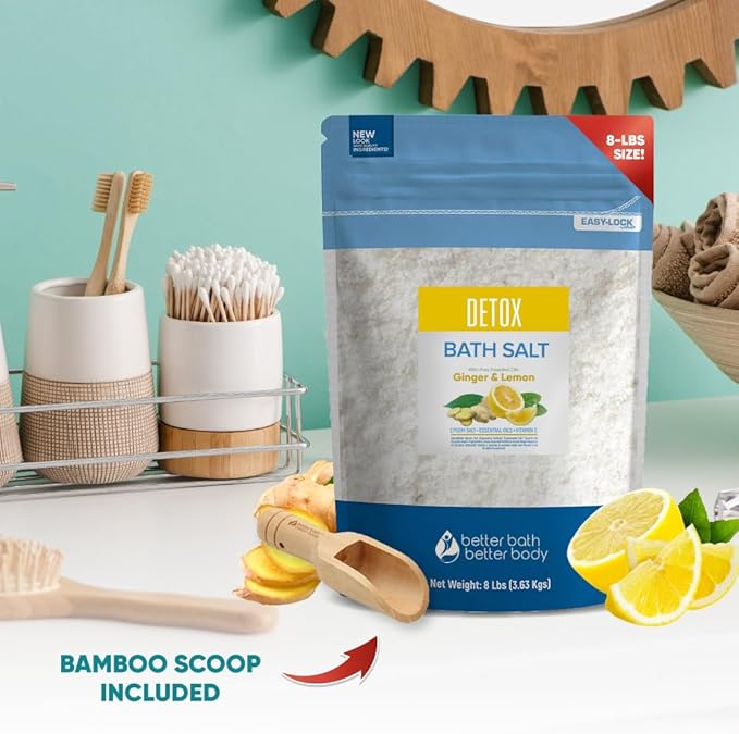 Detox Bath Salt 128 Ounces Epsom Salt with Natural Ginger and Lemon Essential Oils Plus Vitamin C in BPA Free Pouch with Easy Press-Lock Seal