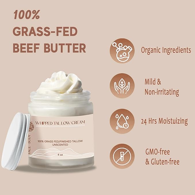 Grass Fed Beef Tallow for Skin Care, Whipped Beef Tallow for Skin, Beef Tallow Face Moisturizer Beef Tallow Cream Natural Organic Moisturizing Cream for Face & Body Lotion Skin Care for Sensitive Skin