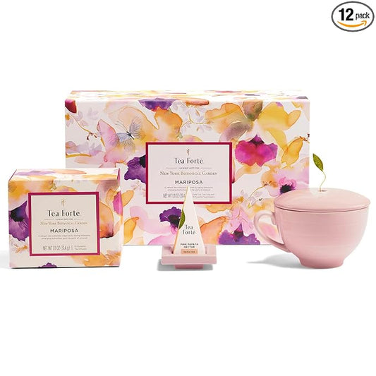 Tea Forte Mariposa 3-Piece Premium Mother's Day Tea Gift Set with Rose Pink Cafe Cup and Lid, Tea Tray and 10 Count Mini Presentation Box, 2 of Each Blend Handcrafted Pyramid Infuser Tea Bags