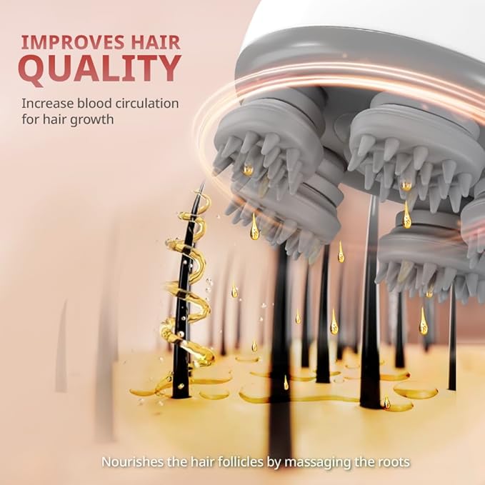 Electric Scalp Massager | 4-Mode Oil-Infused Head Massager with Oil Compartment | Promotes Hair Growth & Scalp Health | Removable Food Grade Silicone Heads
