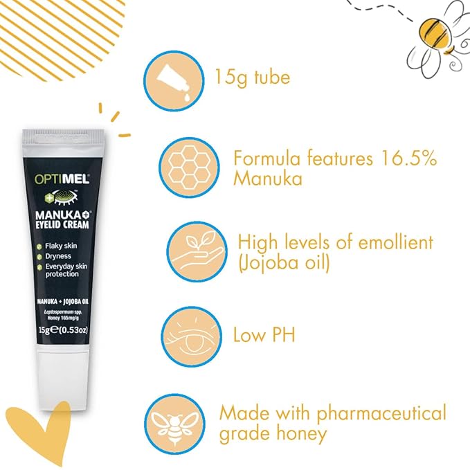 Optimel® Manuka+® Eyelid Cream, with Manuka Honey & Jojoba Oil, Restores Skin's Natural Structure, Soothes Flaky, Dry Skin - Ideal for Blepharitis, MGD, Seborrheic Dermatitis, Rosacea, & Eczema, 15g