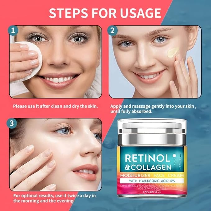 Retinol Cream for Face with Hyaluronic Acid, Day & Night Anti-Aging Moisturizer for Women and Men, Collagen Cream for Face Reduces Wrinkles, Dryness 1.7 FL Oz