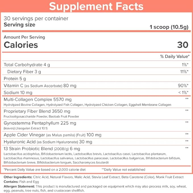 SkinnyFit Super Youth Peach Mango Multi-Collagen Peptides + Probiotics, Baobab Fiber, Apple Cider Vinegar, Hyaluronic Acid, & Vitamin C, Skin, Hair, Joint & Metabolism Support, 30 Servings