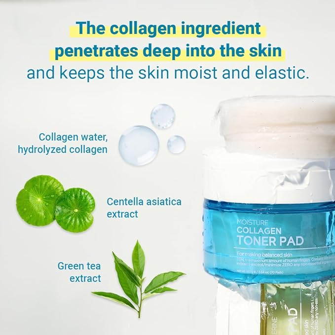 TENZERO Moisture Collagen Toner Pad 70ea, 100% Natural Cotton, Hydrating Moisturizing Glowing Face Toner Pads, Korean Facial Toner, Dry Skin, 160g