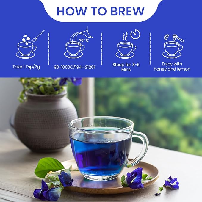 BLUE TEA - Butterfly Pea Flower Tea - 2.11 Oz (120+ Cups) | ANTIOXIDANT RICH | Chemical Free - Herbal Tea - Caffeine free - Non Bitter - No Preservatives - Non-GMO | Zipper Pack