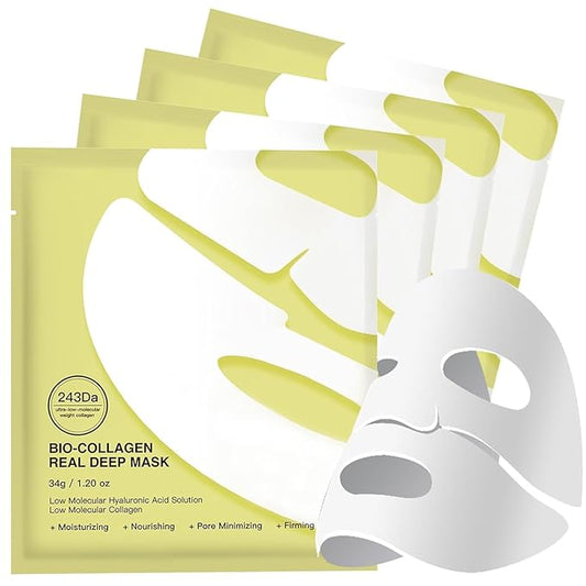 Bio-Collagen Overnight Collagen Face Mask, Deep Collagen Anti-Wrinkle Lifting Glass Glow Face Mask for Moisturizing, Firming, Glowing Skin Care, Bio Collagen Sheet Mask for All Skin Types, 4 Packs