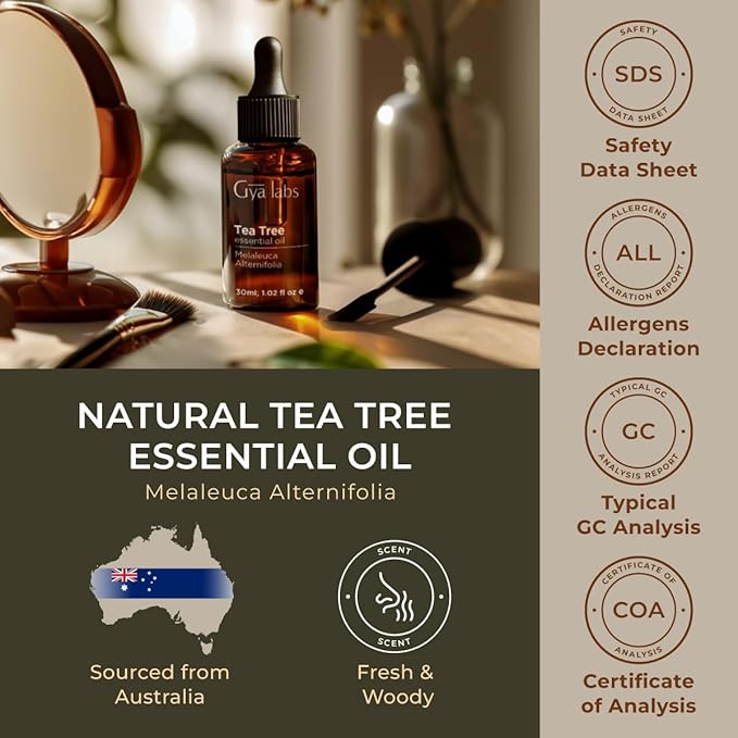 Gya Labs Australian Tea Tree Oil for Skin, Hair, Face & Toenails - 100% Pure Natural Melaleuca Tea Tree Essential Oil for Piercings, Scalp, Hair & Candle Making (1.02 Fl Oz)