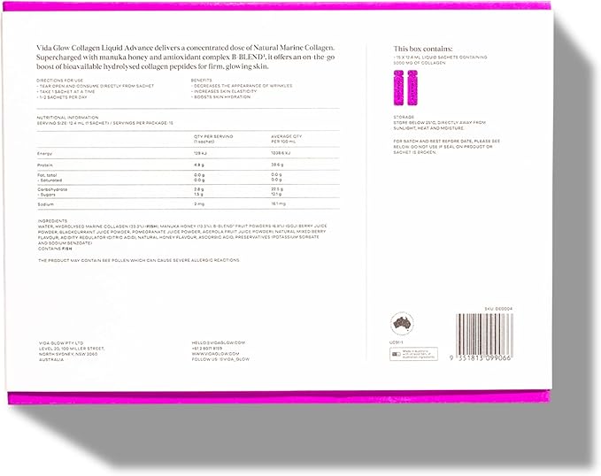 Vida Glow Collagen Liquid Advance – Marine Collagen Peptides with Vitamin C, Antioxidants, and Manuka Honey – Supports Skin Firmness, Hair Thickness, and Nail Strength- Berry Flavor