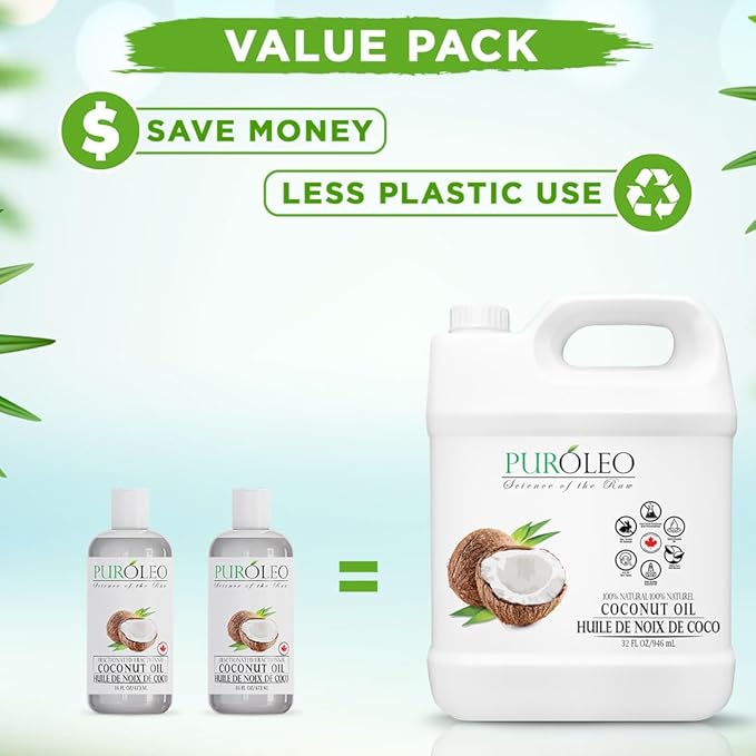 PUROLEO Fractionated Coconut Oil 32 Fl Oz/946 ML (Packed in Canada) 100% Natural and odorless Moisturizer & Carrier Oil l Hair Skin Body, Aromatherapy, Massage, Makeup Remover