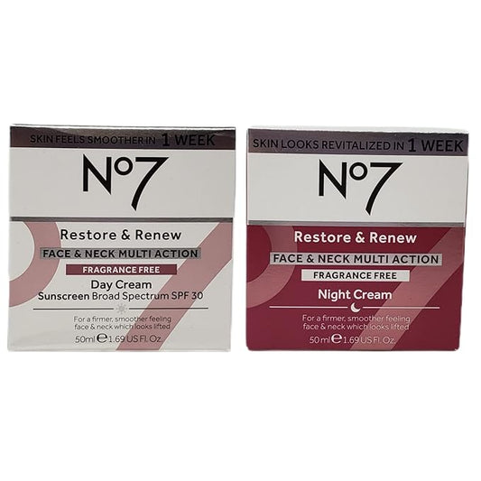 No. 7 No Restore and Renew Face Neck Multi Action Fragrance Free Cream - Day Night Bundle 1.69 fl oz Each by SPF 30 in 2 Pack (1.69 Ounce) jt56191