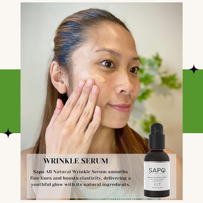 Wrinkle Serum with Bakuchiol, Hyaluronic Acid and Retinyl Palmitate - Daily Anti-Aging Essence for Fine Lines & Plump Skin, 1 Fl Oz