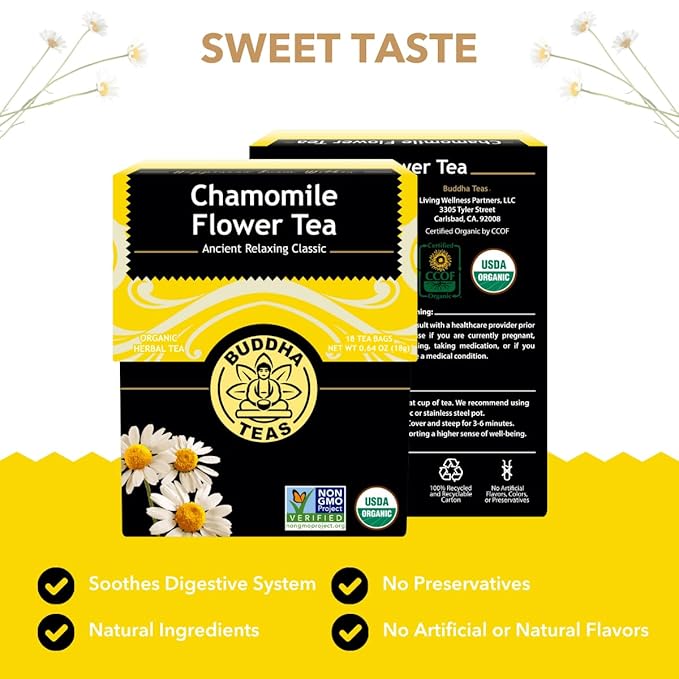 Buddha Teas - Organic Chamomile Flower Tea - Herbal Tea - For Health & Wellbeing - With Antioxidants & Minerals - Clean Ingredients - Caffeine Free - OU Kosher & Non-GMO - 18 Tea Bags (Pack of 1)