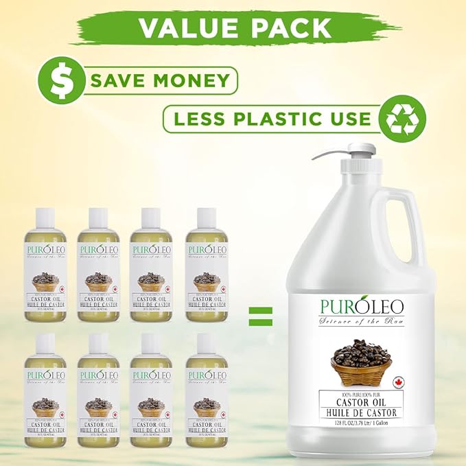 PUROLEO Castor Oil 128 Fl Oz/3784 ML (Made in Canada) Hair, Lash, Beard, Eyelashes & Eyebrow Oil Jamaican Black castor oil for thicker brow longer lashes, Make eyelash serum, hair serum for dry hair