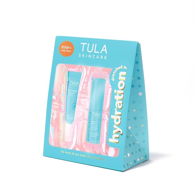 TULA Skin Care Drenched in Hydration - 24-7 Moisture Day & Night Peptide Lip Mask 0.28oz & Glow + Get It Cooling & Brightening Eye Balm 0.35 oz, Full-Size, 2 Piece Duo