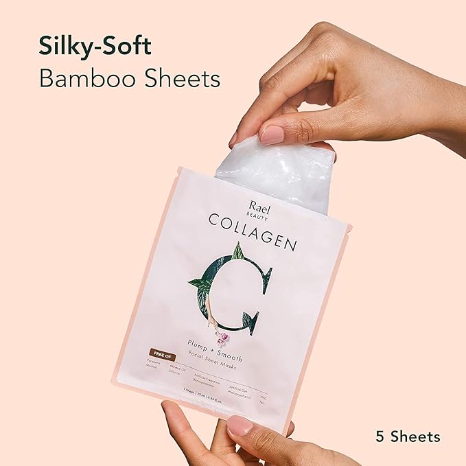 Rael Face Mask Skin Care, Collagen Face Masks - Bamboo Facial Sheet Mask, Korean Skincare, with Collagen Essence and Fruit Extracts, Nourishing and Moisturizing, All Skin Types (Collagen, 5 Sheets)