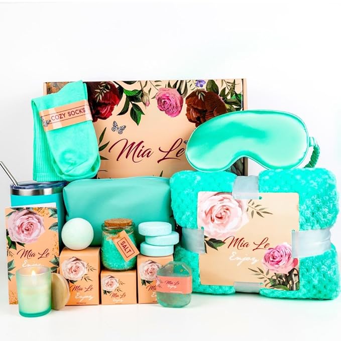 16 pcs Luxury Relaxing Spa Gift Basket Set - Perfect for Birthdays, Christmas, Get Well, Thank You, Bridal Shower, Gifts for Women & Men. Includes Bath Bombs (16 pcs, Turquoise)