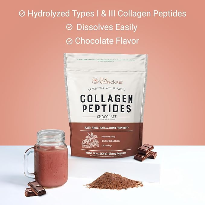 Live Conscious Collagen Peptides Powder - Chocolate Collagen Powder - Hair, Skin, Nail, and Joint Support - Type I & III Grass-Fed Collagen Supplements for Women and Men (2-Pack)